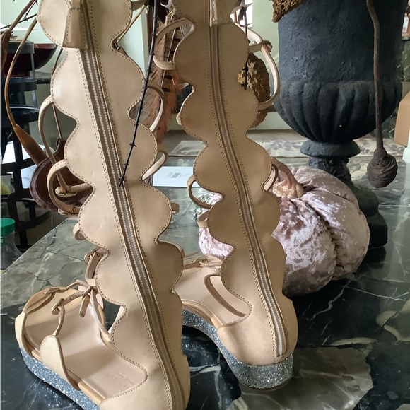 Giambattista Valli Nude leather tall gladiator wedge glitter sandals size 8.5 - Picture 5 of 12